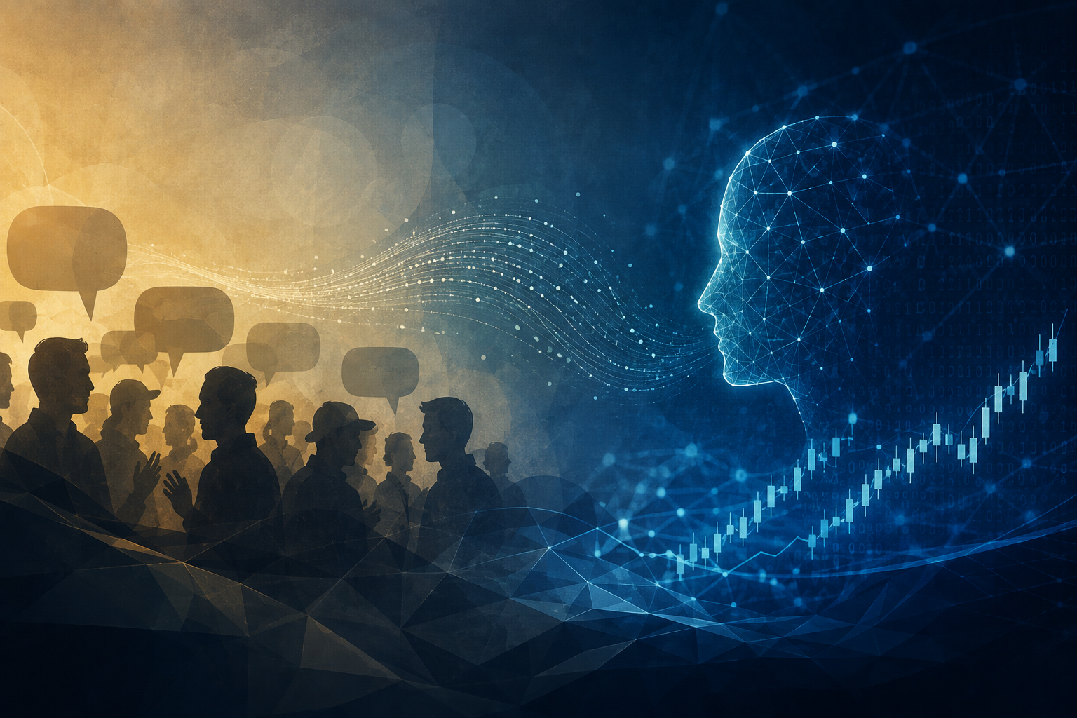 Silhouetted crowd with speech bubbles transitioning to a blue wireframe head and rising stock-chart line, symbolizing AI and communication in tech.