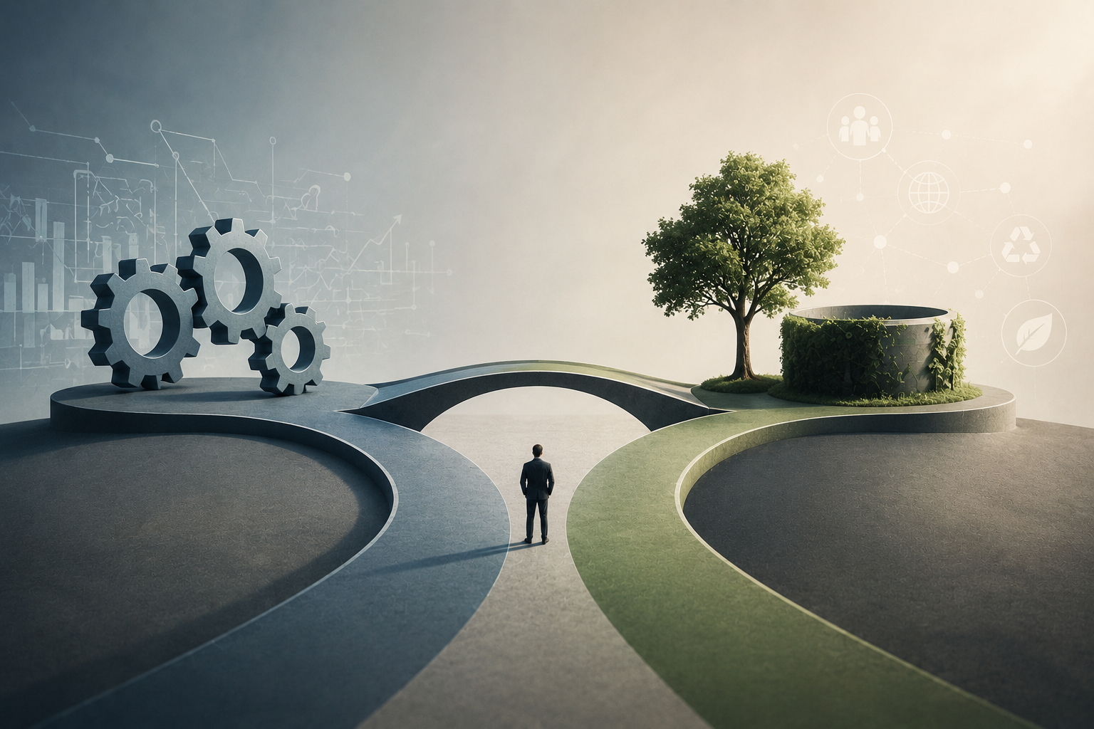 Person stands at a fork in the road between a gear-filled path (left) and a green, tree-lined path (right).